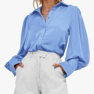 Blue satin button down long sleeve shirt for the office. Business attire. Amazon